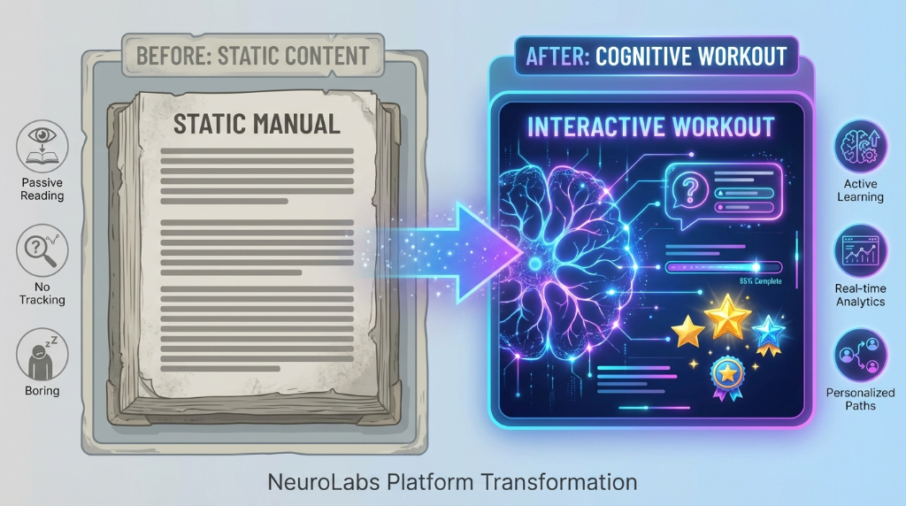 Diagram showing static content transformed into an interactive cognitive workout
