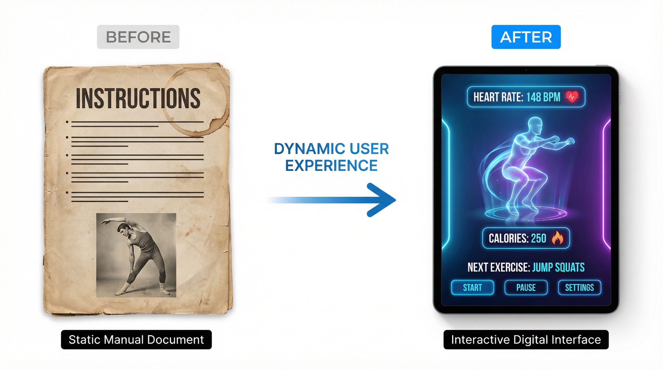 Diagram showing a static manual document being transformed into a dynamic, interactive digital experience